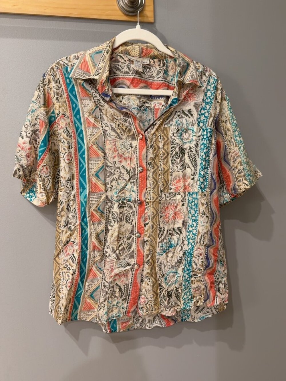 Anna and Frank Patchwork Print Button Down Shirt, 100% Silk, Size M